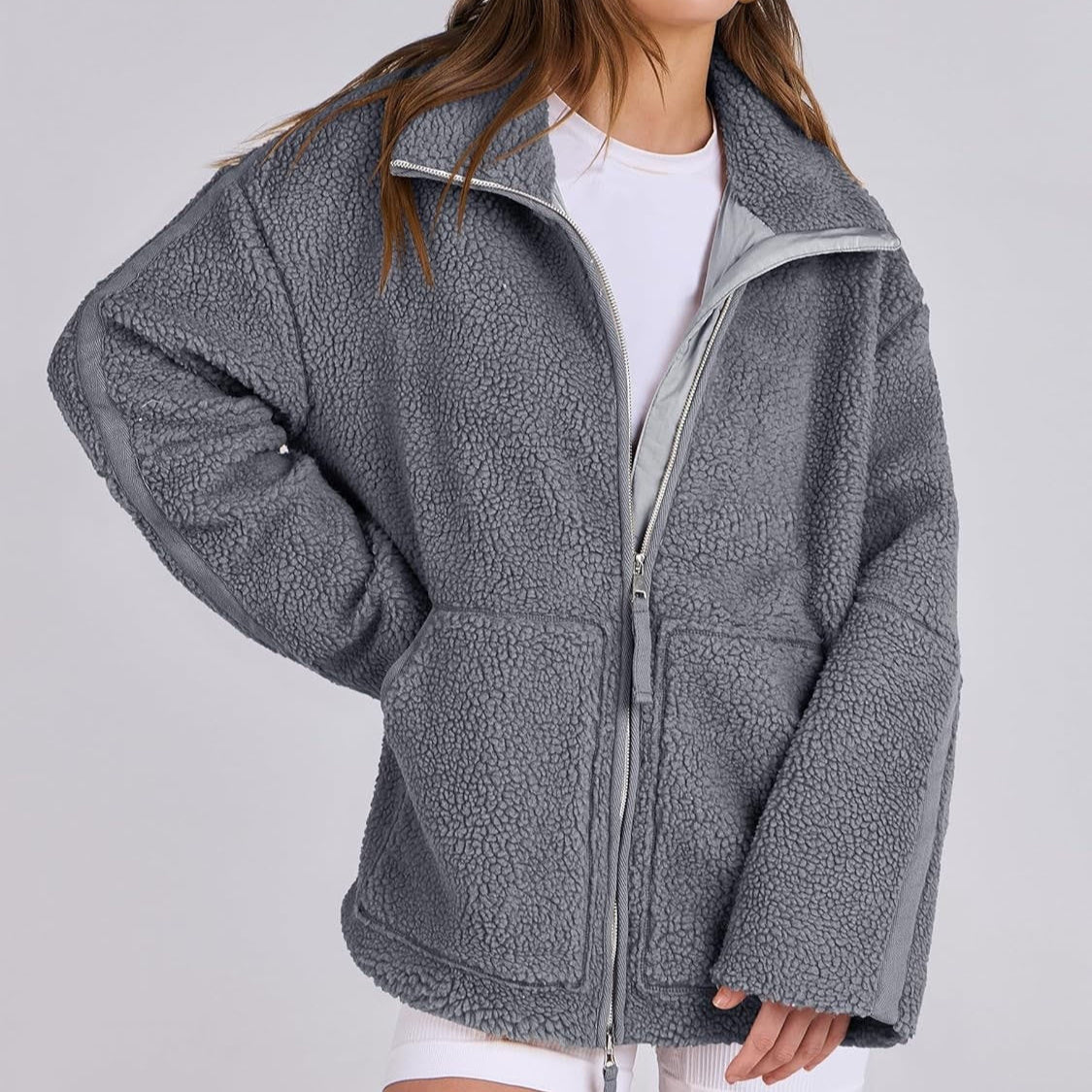 Women’s Winter Lapel Zip-Up Fleece Jacket – Casual Long Sleeve Coat with Pockets