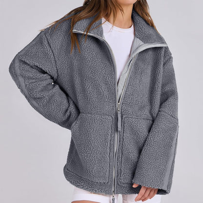 Women’s Winter Lapel Zip-Up Fleece Jacket – Casual Long Sleeve Coat with Pockets