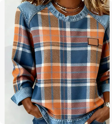 Denim Patchwork Sweatshirt Fashion Unique Crewneck Pullover Long-sleeved Shirt Top Women's Clothing