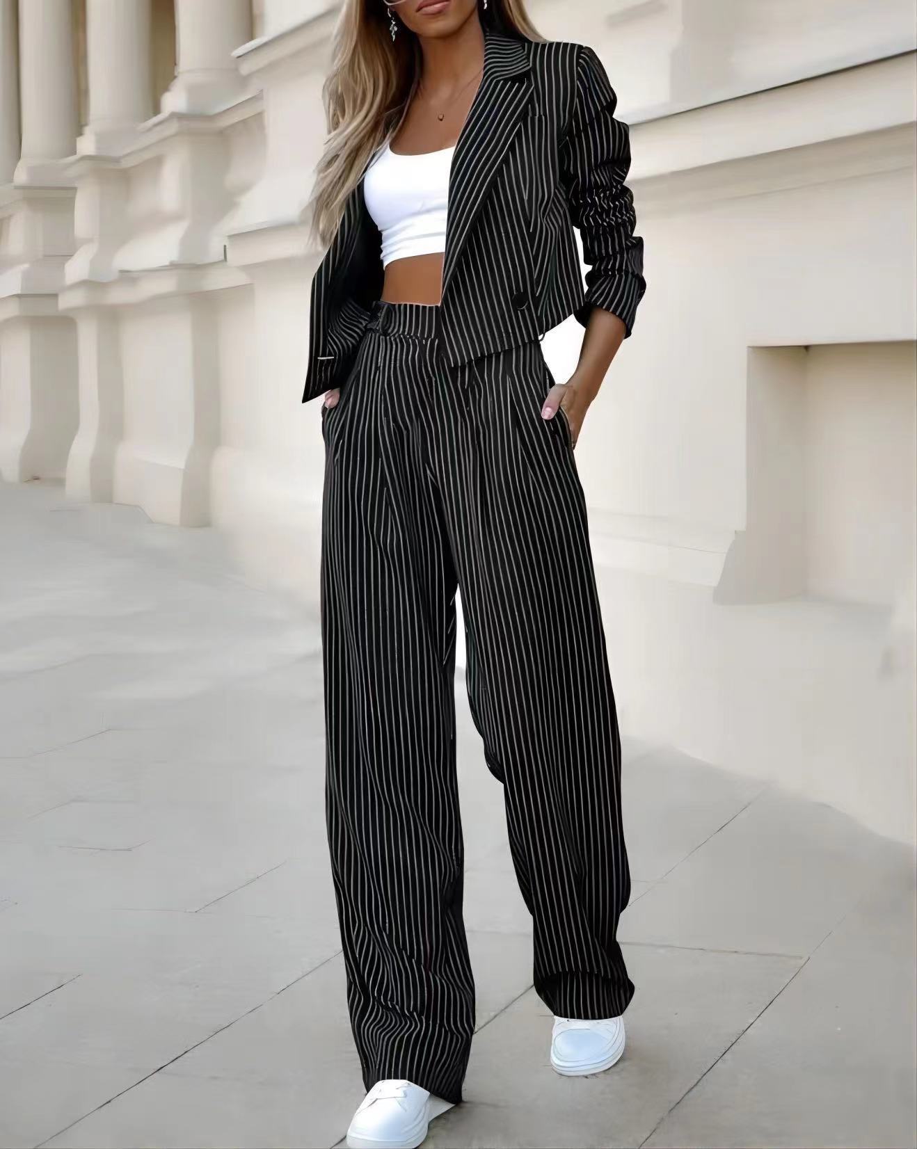 Casual Striped Two-Piece Set for Women – Long Sleeve Cropped Top & Pants
