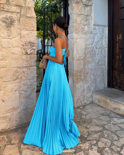 Women’s Pleated Sleeveless Halter Dress – High Waist