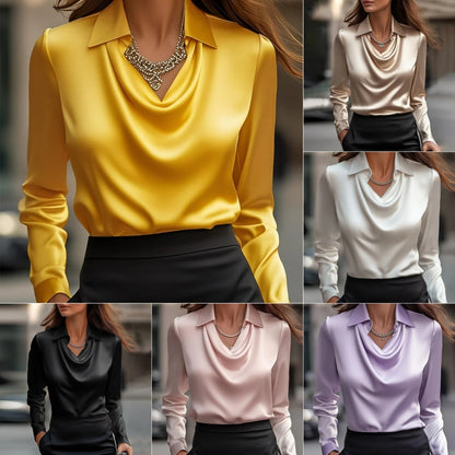 Women’s Satin Swing Collar Blouse – Elegant Long Sleeve Office Top