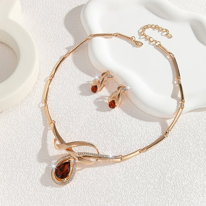 Gold Inlaid White Rhinestone & Brown Crystal Necklace and Earring Set