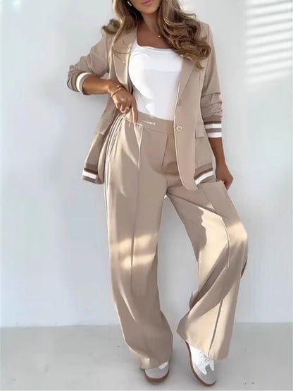 Women’s 2-Piece Office Suit Set – Lapel Jacket & High-Waist Wide Leg Trousers