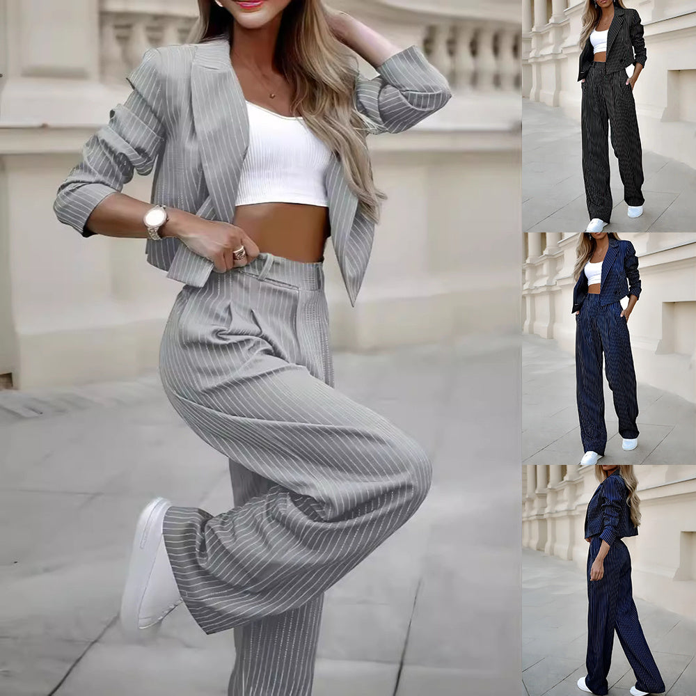 Casual Striped Two-Piece Set for Women – Long Sleeve Cropped Top & Pants