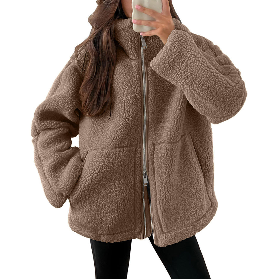 Women’s Winter Lapel Zip-Up Fleece Jacket – Casual Long Sleeve Coat with Pockets