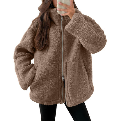 Women’s Winter Lapel Zip-Up Fleece Jacket – Casual Long Sleeve Coat with Pockets