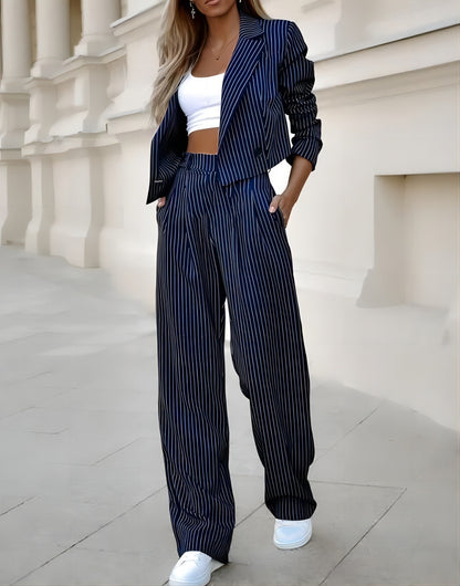 Casual Striped Two-Piece Set for Women – Long Sleeve Cropped Top & Pants