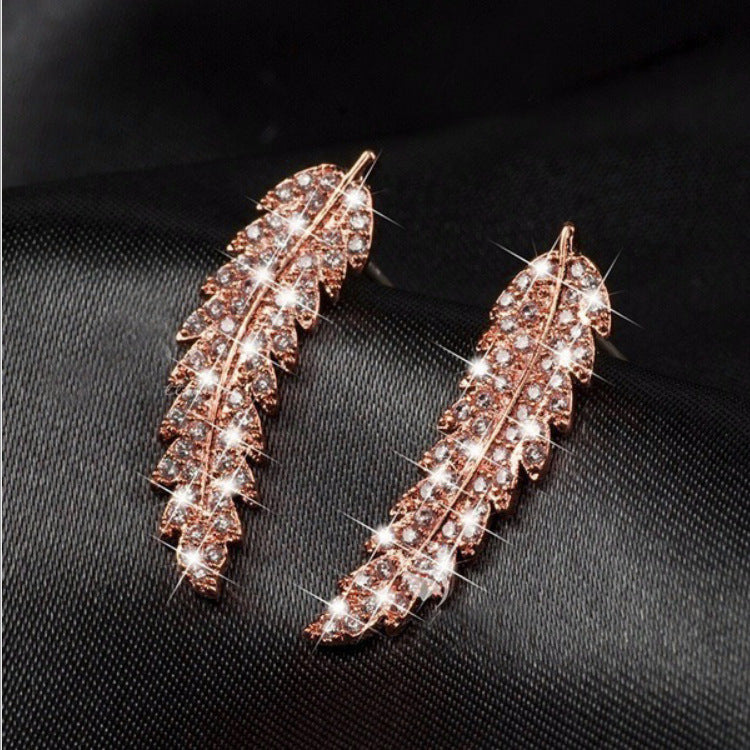 Zircon gold and silver leaf earrings Korean fashion ladies