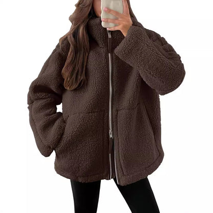 Women’s Winter Lapel Zip-Up Fleece Jacket – Casual Long Sleeve Coat with Pockets