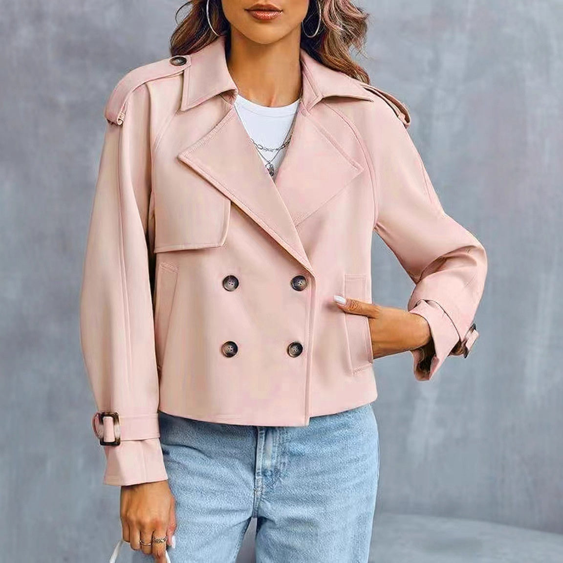 Women's Casual Short Double-Breasted Trench Coat – Stylish Lightweight Outerwear