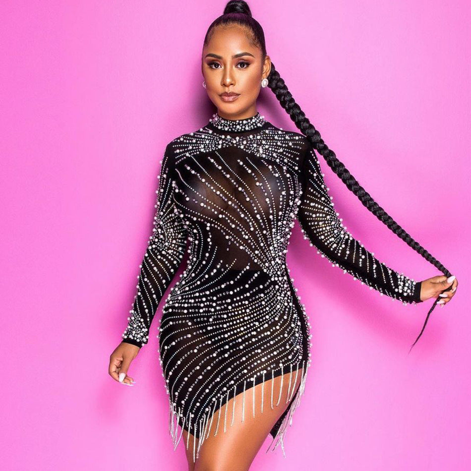 Women’s Pearl Rhinestone Tassel Mini Dress