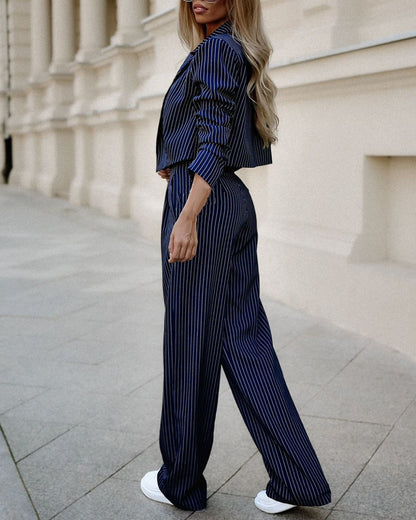 Casual Striped Two-Piece Set for Women – Long Sleeve Cropped Top & Pants