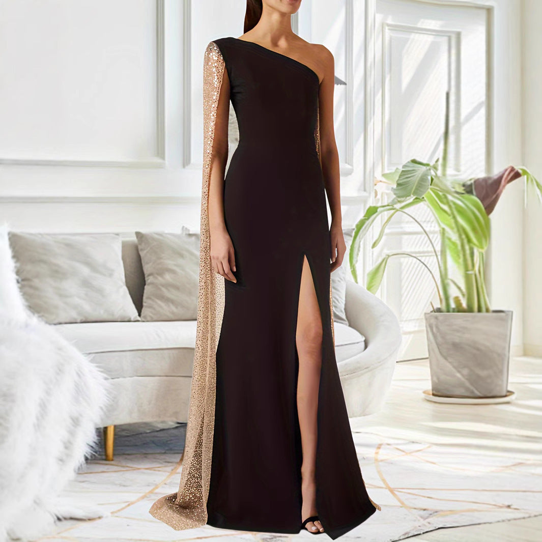 One-shoulder Cloak Slit Black Dress