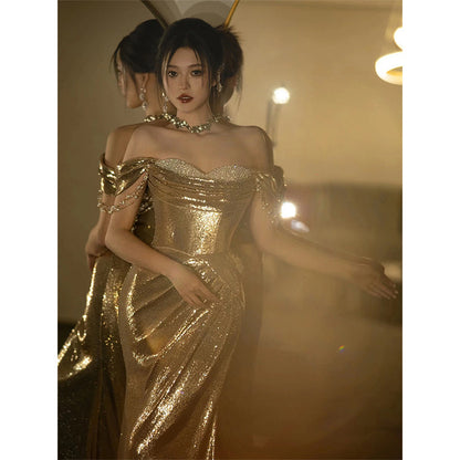 Women’s Gold Sequined Off-Shoulder Evening Dress