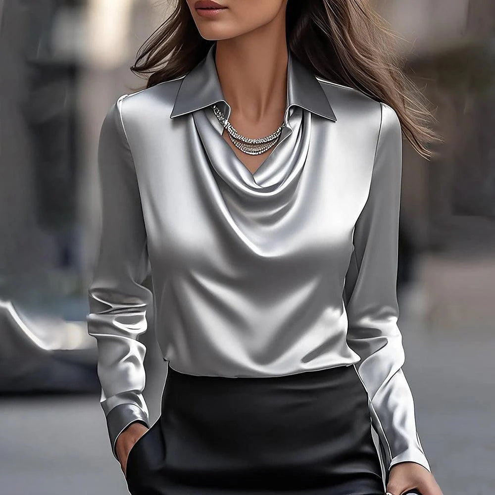 Women’s Satin Swing Collar Blouse – Elegant Long Sleeve Office Top