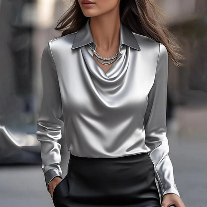 Women’s Satin Swing Collar Blouse – Elegant Long Sleeve Office Top