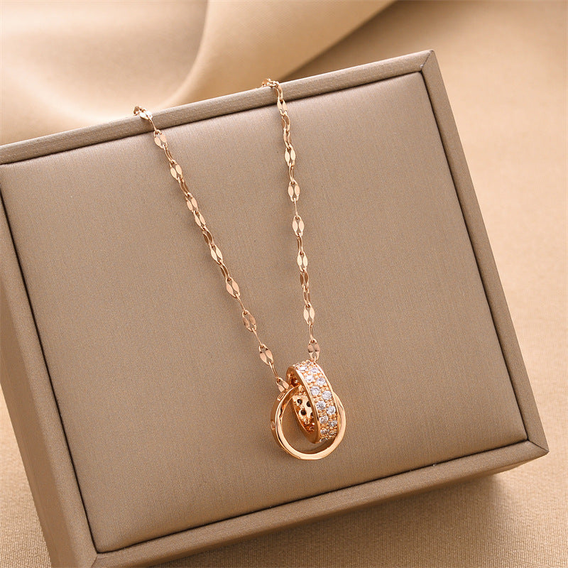 Women Double Ring Titanium Steel Necklace