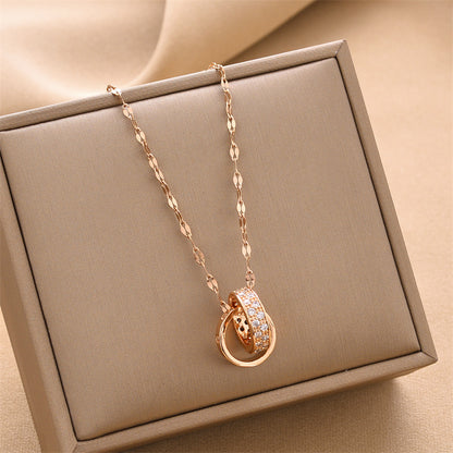 Women Double Ring Titanium Steel Necklace