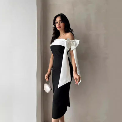 Women’s Off-Shoulder Bow Black & White Cocktail Dress