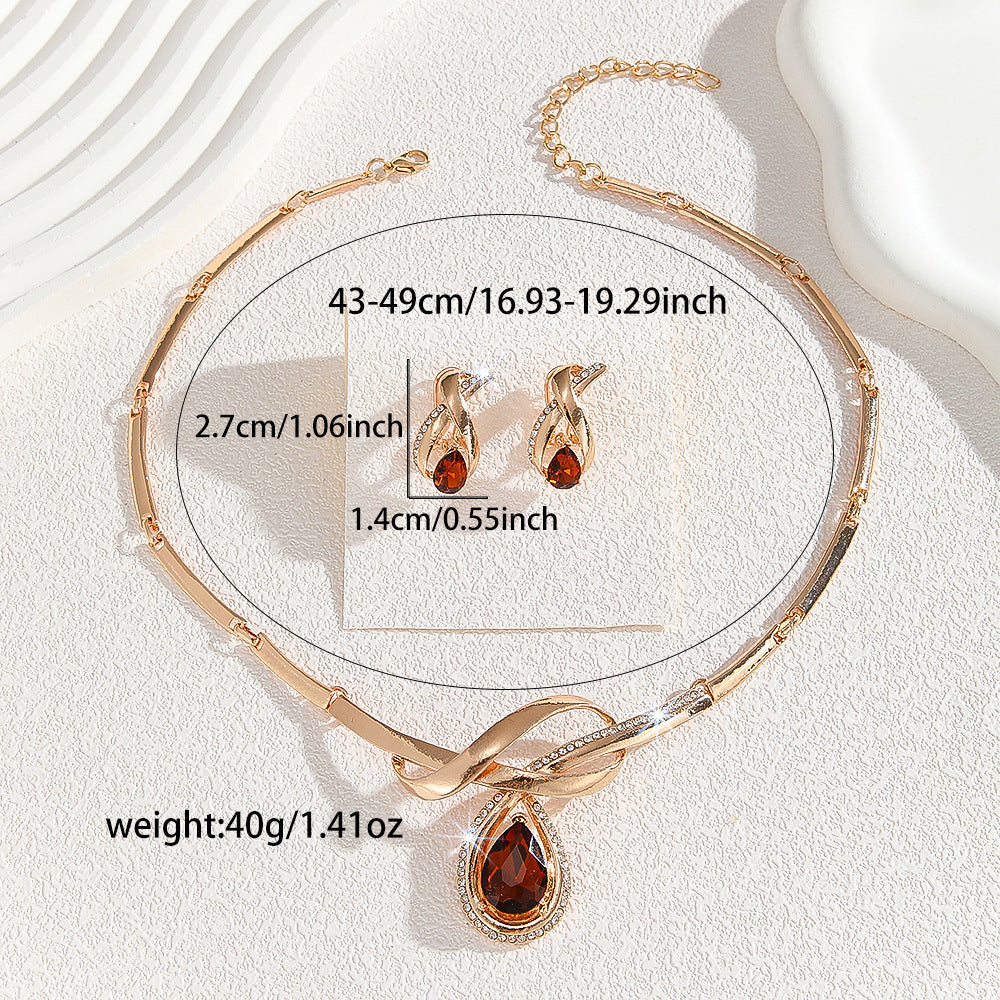 Gold Inlaid White Rhinestone & Brown Crystal Necklace and Earring Set