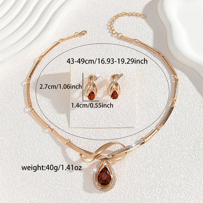 Gold Inlaid White Rhinestone & Brown Crystal Necklace and Earring Set