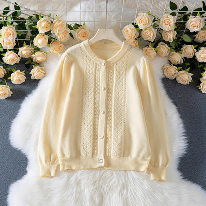 Women's Crochet Hollow-Out Sweater Coat – Long Sleeve Single-Breasted Cardigan