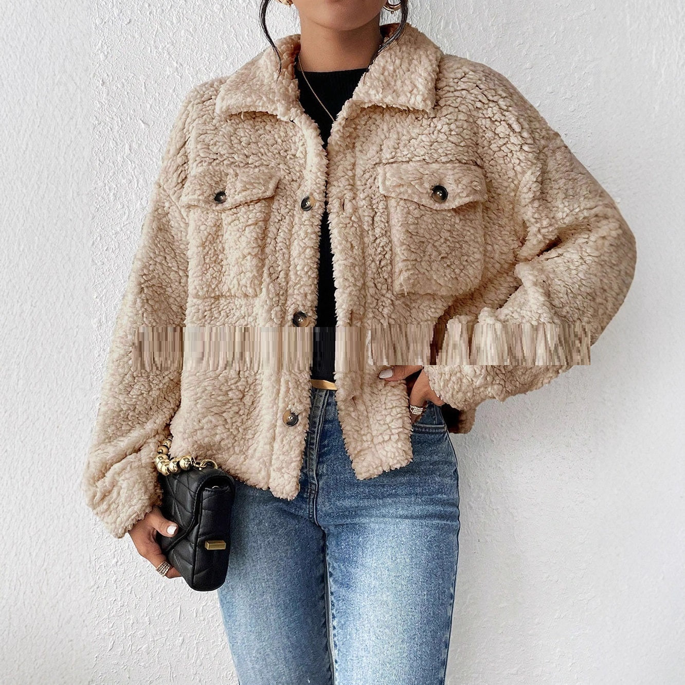 Women's Short Plush Jacket with Polo Collar – Soft Fleece Casual Winter Coat