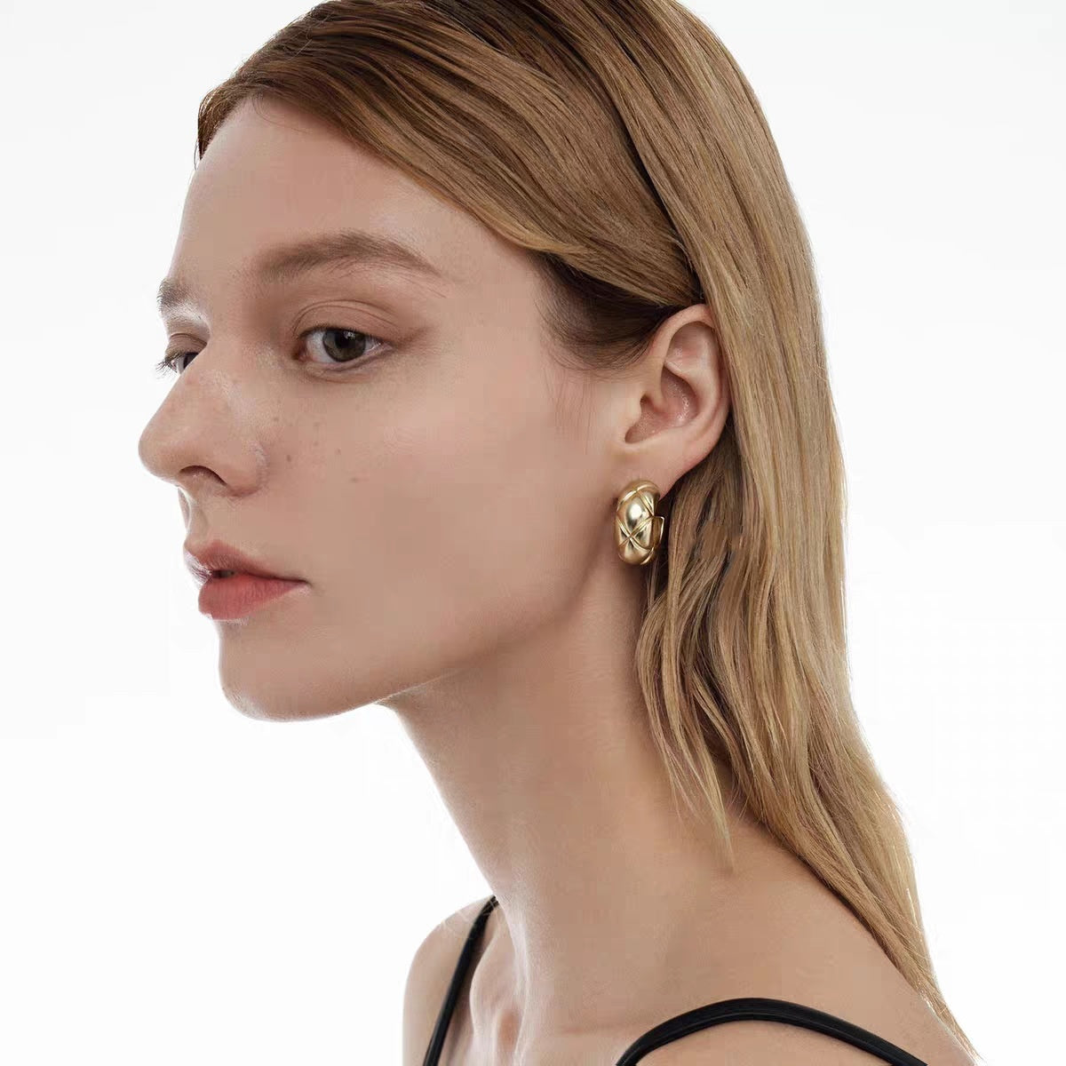 Gold Diamond Plaid Stud Earrings for Women