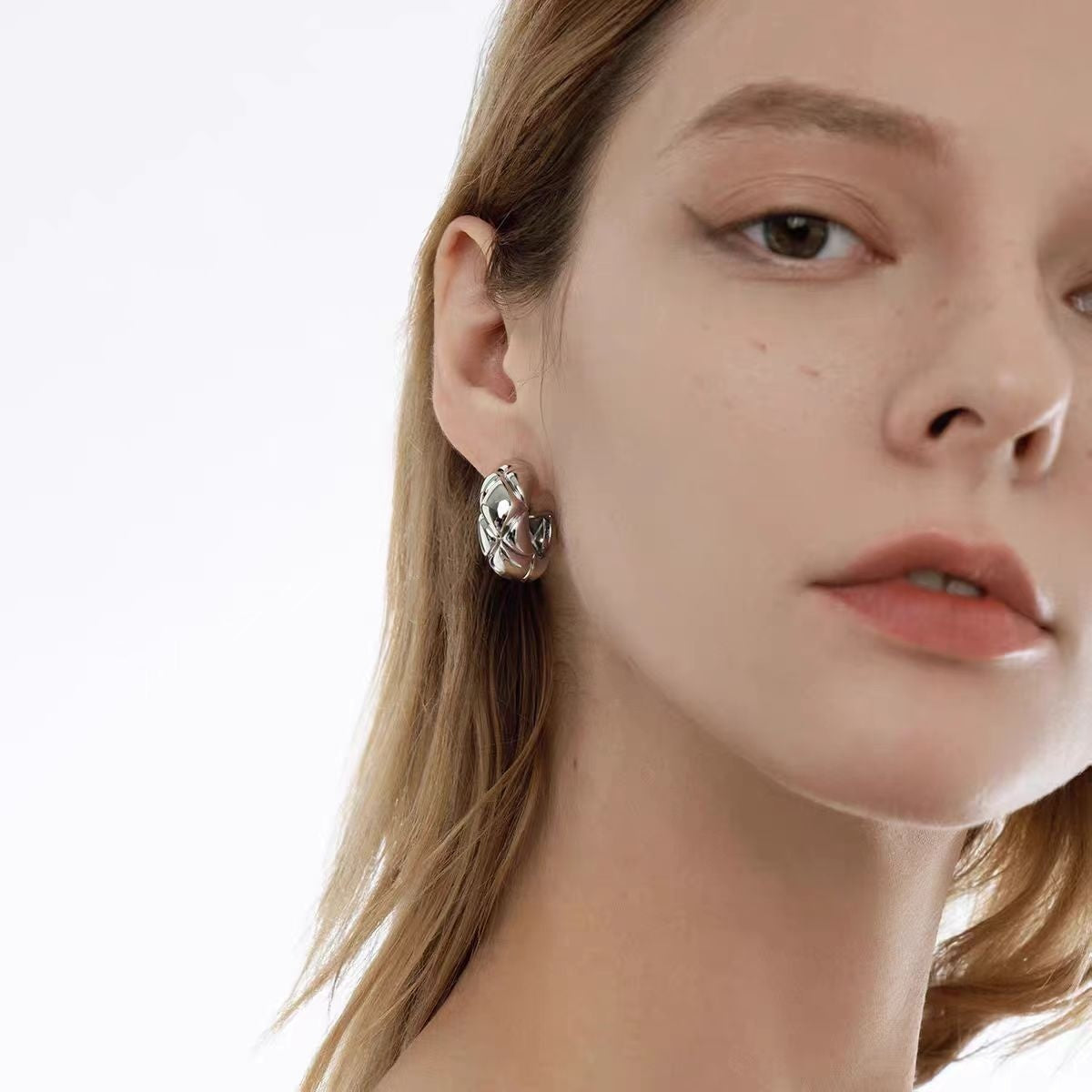 Gold Diamond Plaid Stud Earrings for Women