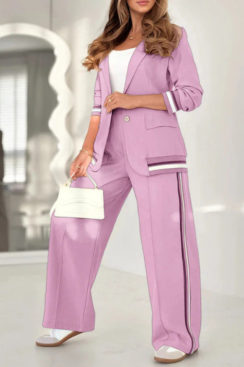 Women’s 2-Piece Office Suit Set – Lapel Jacket & High-Waist Wide Leg Trousers