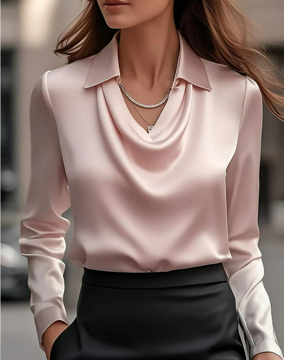 Women’s Satin Swing Collar Blouse – Elegant Long Sleeve Office Top