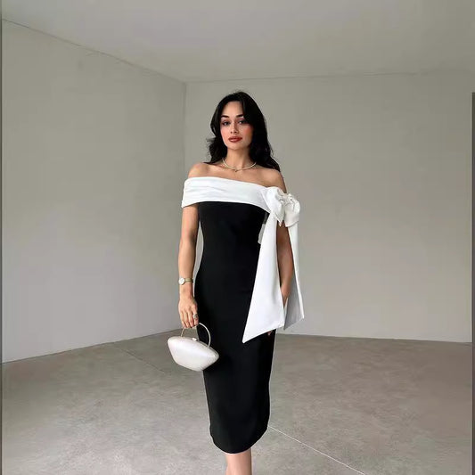 Women’s Off-Shoulder Bow Black & White Cocktail Dress