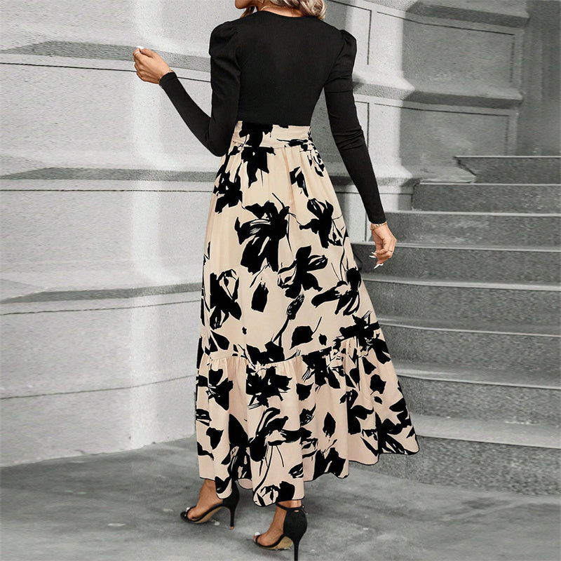 Women’s Round Neck Patchwork Pleated Maxi Dress