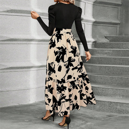 Women’s Round Neck Patchwork Pleated Maxi Dress