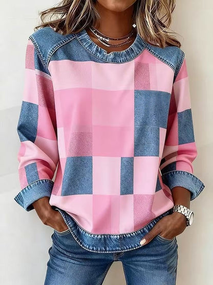 Denim Patchwork Sweatshirt Fashion Unique Crewneck Pullover Long-sleeved Shirt Top Women's Clothing