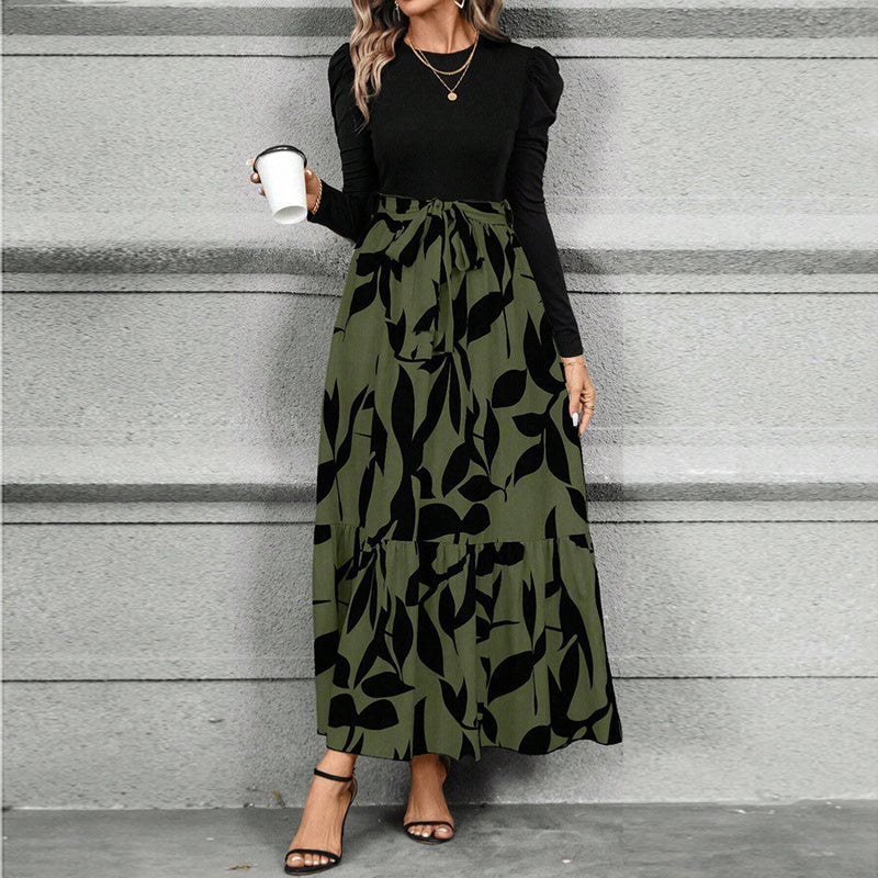 Women’s Round Neck Patchwork Pleated Maxi Dress