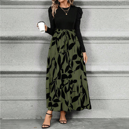 Women’s Round Neck Patchwork Pleated Maxi Dress