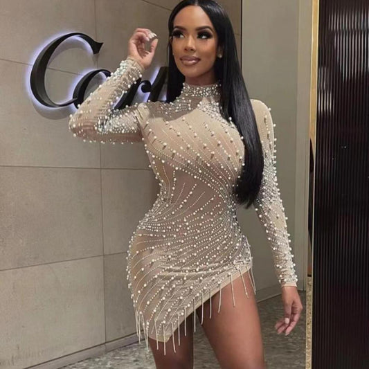 Women’s Pearl Rhinestone Tassel Mini Dress