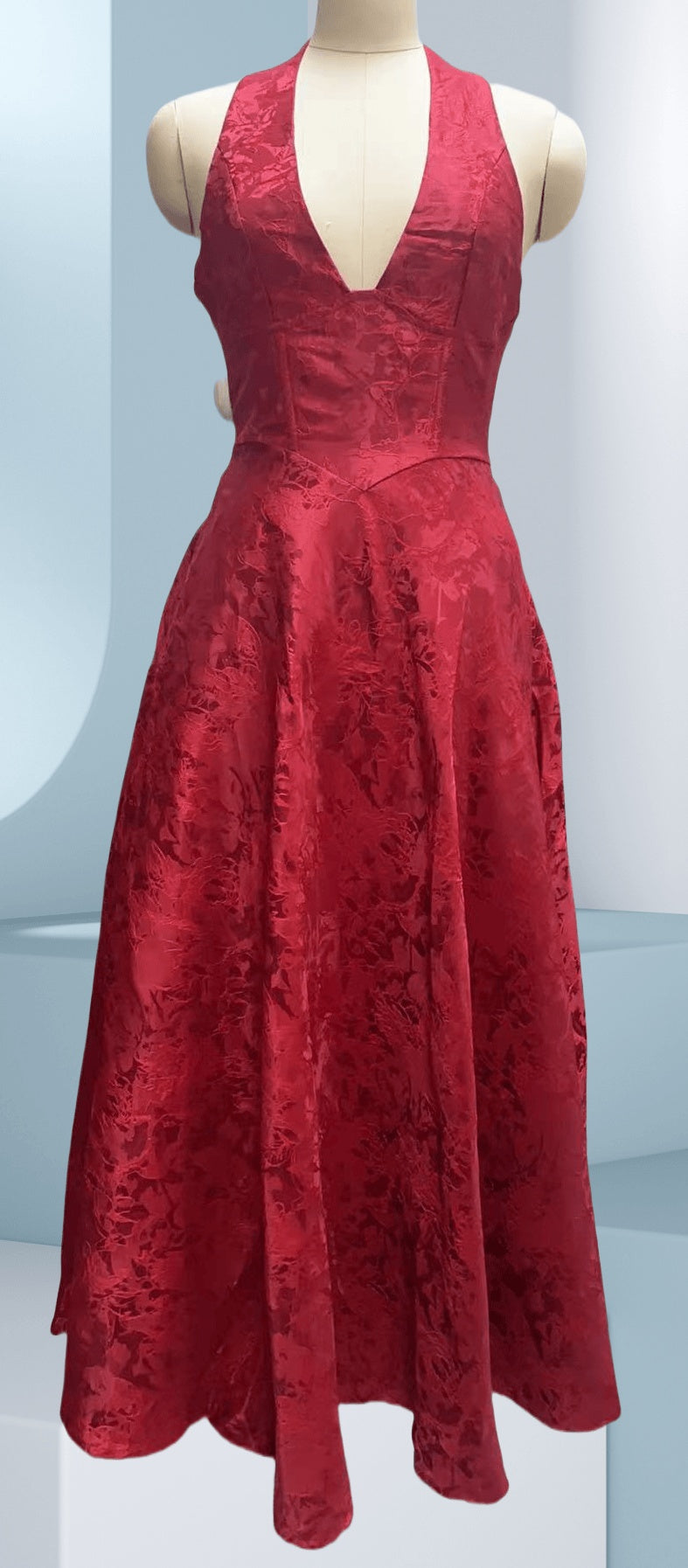 Women’s Elegant V-Neck Halter Floral Jacquard Evening Dress