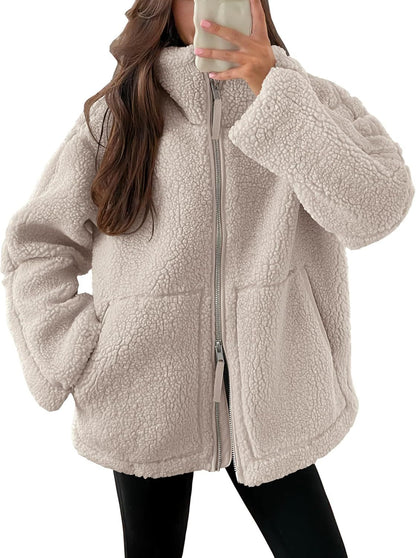 Women’s Winter Lapel Zip-Up Fleece Jacket – Casual Long Sleeve Coat with Pockets
