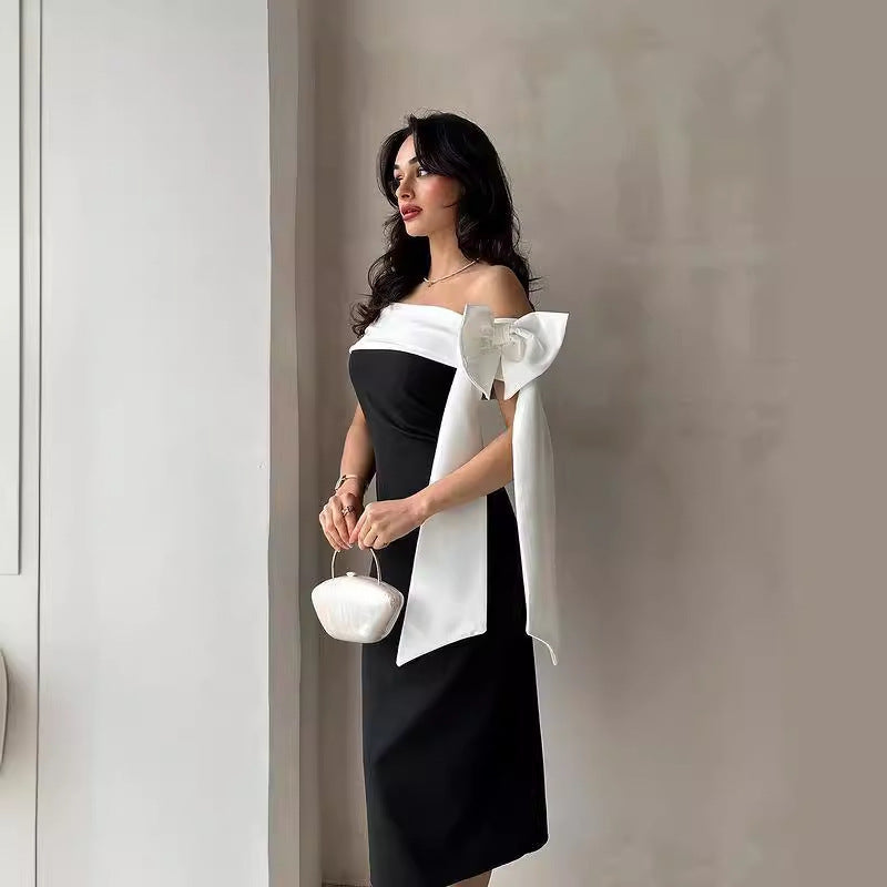 Women’s Off-Shoulder Bow Black & White Cocktail Dress