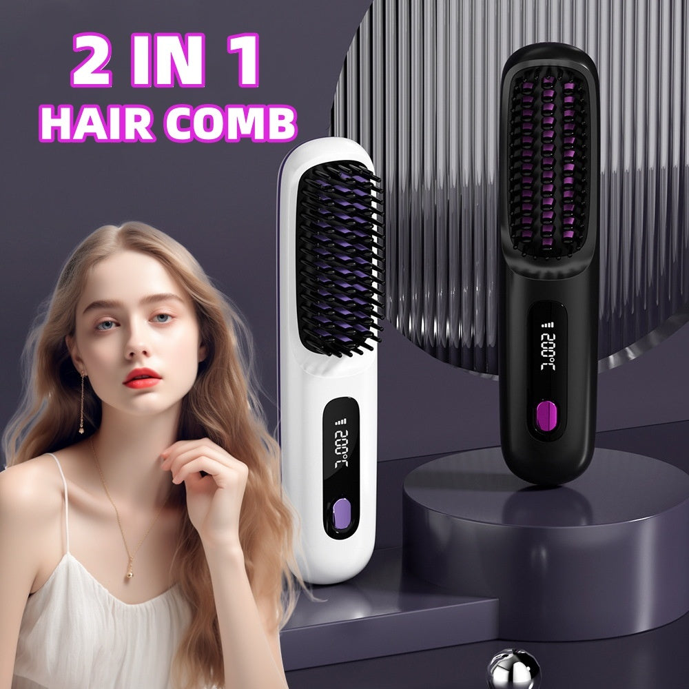 2-in-1 Wireless Hair Straightener & Comb – Fast Heating USB Brush
