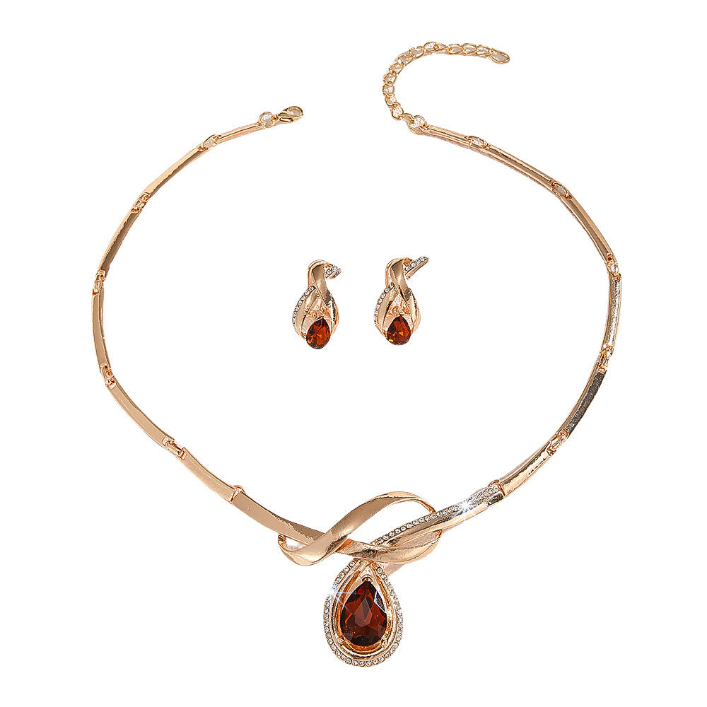 Gold Inlaid White Rhinestone & Brown Crystal Necklace and Earring Set