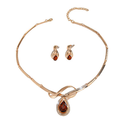 Gold Inlaid White Rhinestone & Brown Crystal Necklace and Earring Set