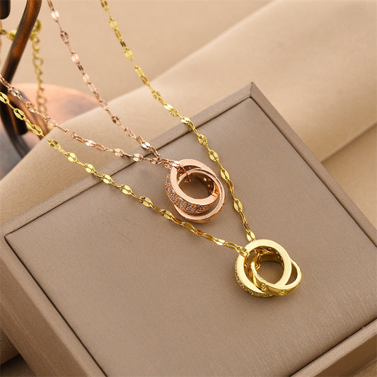Women Double Ring Titanium Steel Necklace