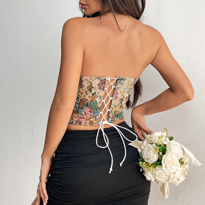 Y2K Floral Tube Crop Top Back-Tied Corset Tank for Women