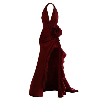 Women’s Wine Red Elegant Halter Wedding Toast Dress