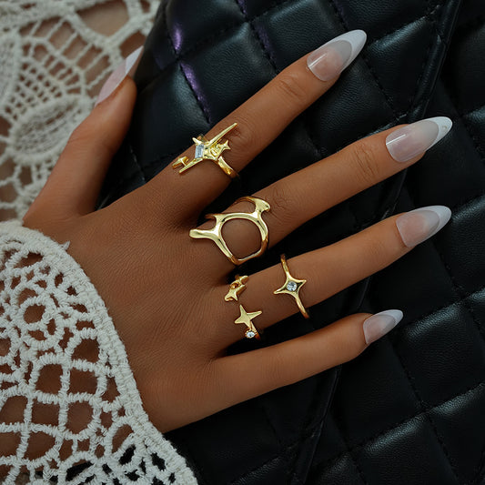 Women Geometric Metal Lava Line Four-piece Ring Set
