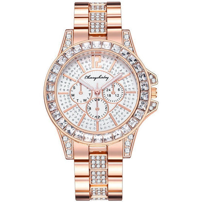 Women Full Diamond Fake Three-eye Steel Belt Quartz Watch